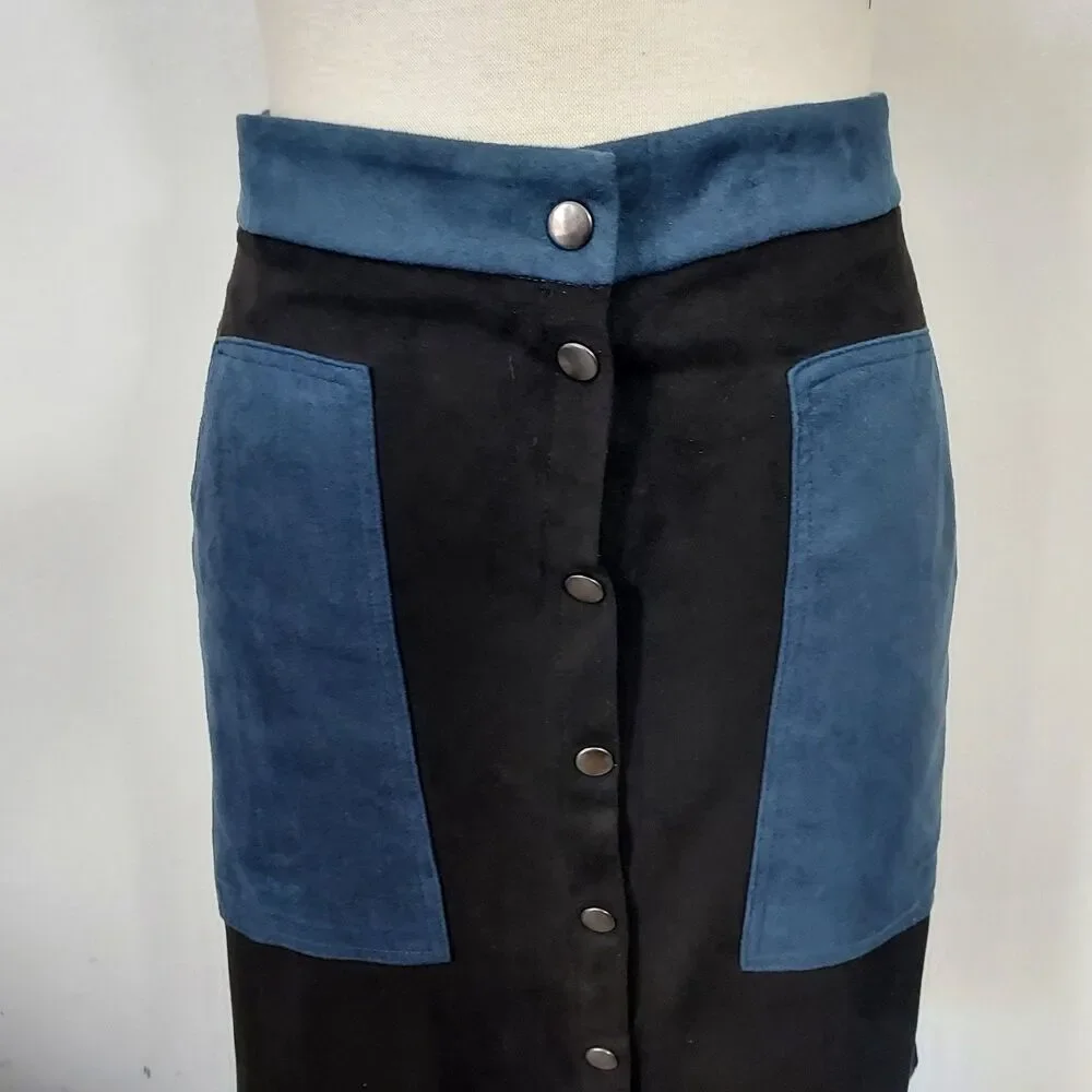 JOH Skirt Soft Faux Suede Size XL Snap Front Pockets Stretch Black Blue NWT